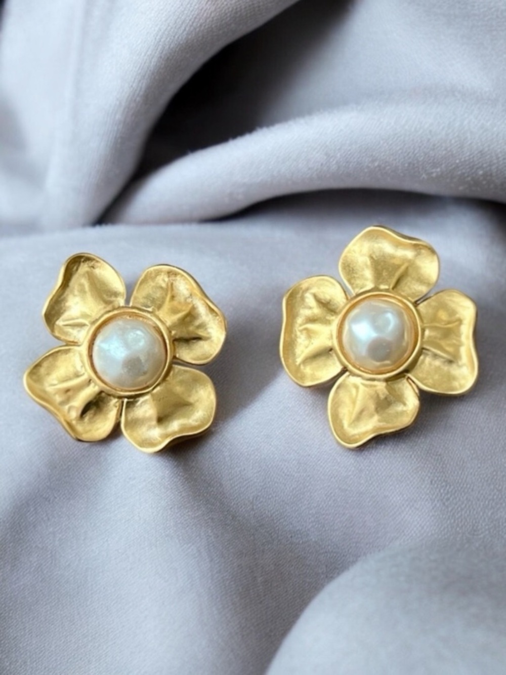 Vintage GIVENCHY Pearl Flower Earrings Gold Bridal Wedding Couture Statement